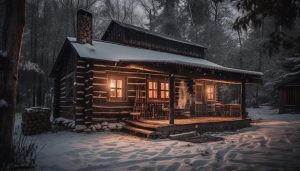 Extérieur d'une maison en bois fuste en pleine nuit avec de la neige.