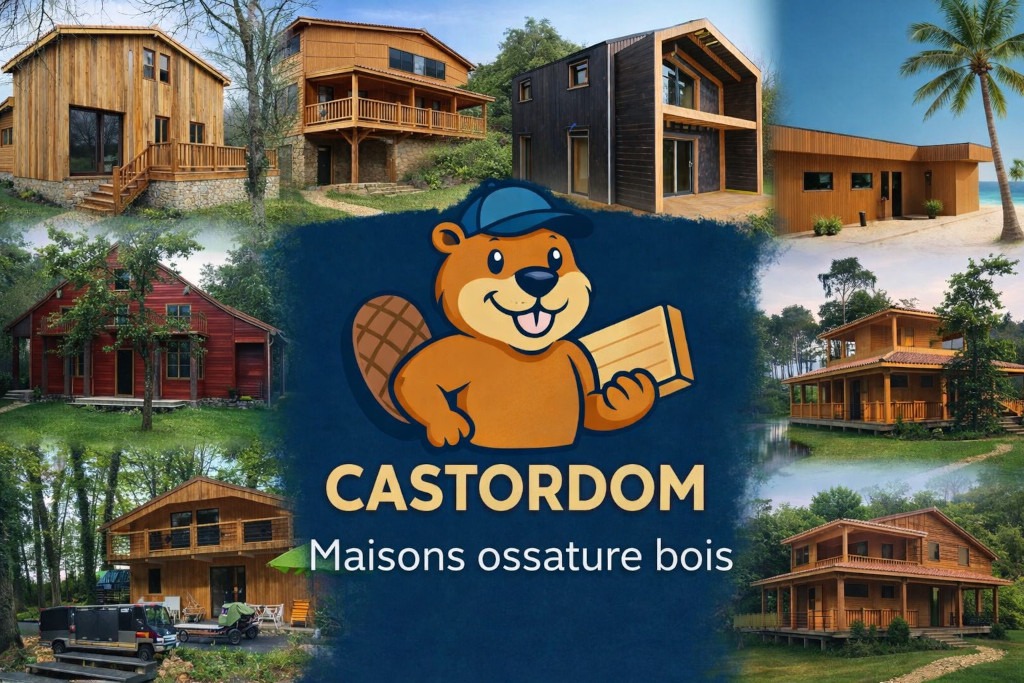 plusieurs maisons en ossatures bois avec le logo castordom