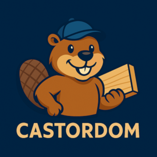 le logo castordom presentant un castor souriant tenant une planche de bois