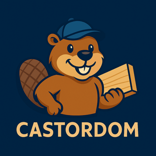 le logo castordom presentant un castor souriant tenant une planche de bois