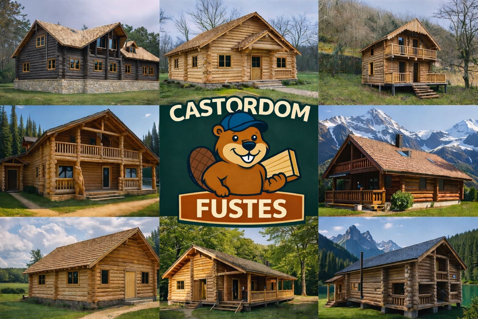 plusieurs maisons en fustes avec le logo Castordom