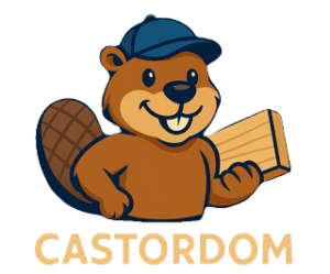 le logo castordom presentant un castor souriant tenant une planche de bois