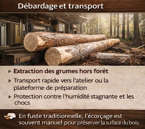 rondins en cours de débardage mécanique