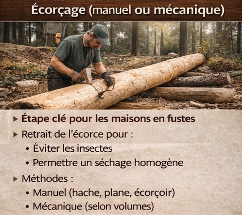 Ouvrier entrain d"écorcé un rondins à la main