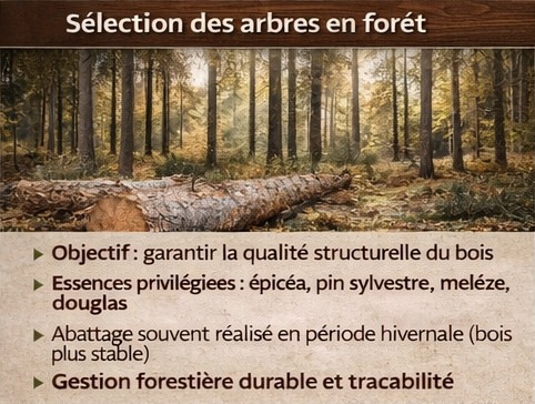 une foret et un tronc au sol avec le texte pour la sélection des arbres
